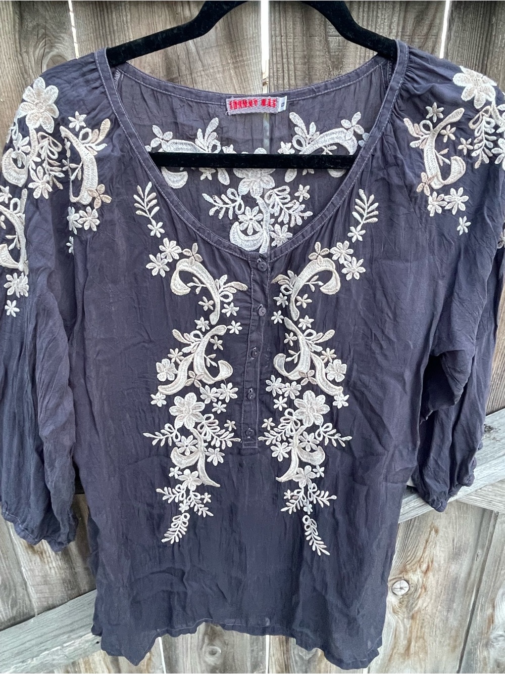 Johnny Was Embroidered Boho Peasant Blouse Gray Blue Rayon Top 3/4 Sleeve Size S